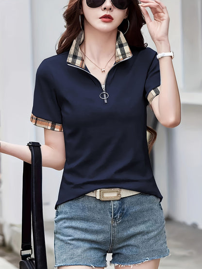 Damen Poloshirt mit Reißverschluss-Kragen und Karodetails – Modisches Freizeitshirt für Alltag und Ausgehen