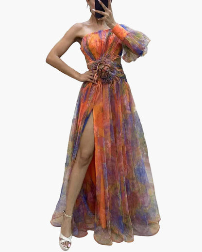 Damen Abendkleid mit One-Shoulder-Design und Blumenapplikation – Elegantes Maxikleid für besondere Anlässe