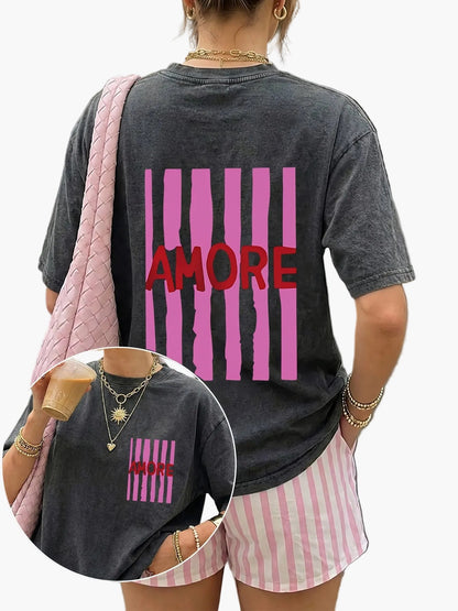 Damen Oversize T-Shirt mit AMORE Print und Streifen – Trendiges Casual Streetwear für den Sommer