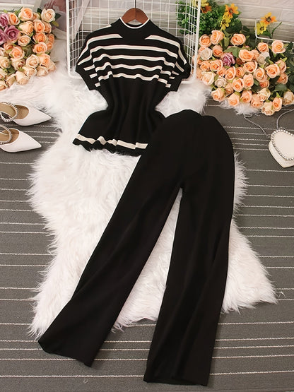 Damen Elegantes Streifen-Set mit Weitbein-Hose und Oversize-Oberteil – Moderner Business- und Freizeit-Look