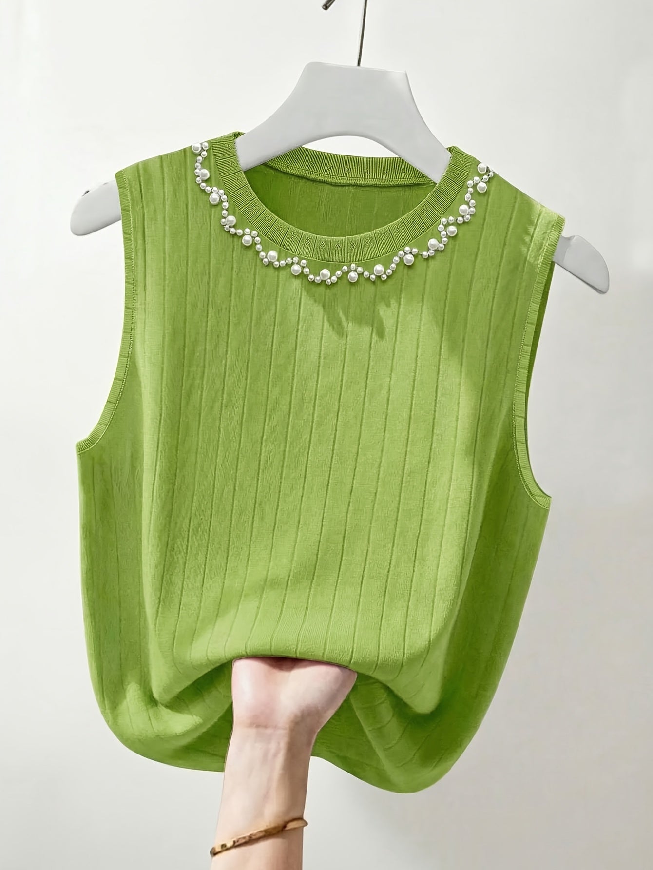 Damen Elegantes Stricktop mit Perlenbesatz, Ärmellos, Perfekt für Alltag und Büro