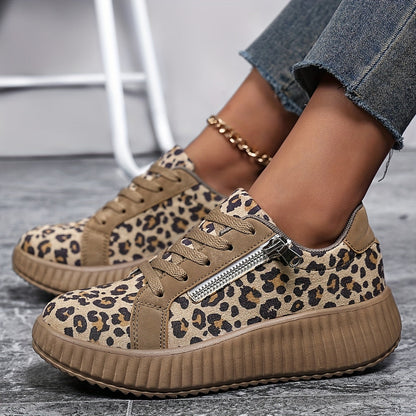 Damen Plateau-Sneaker mit Leopardenmuster und Reißverschluss – Modische Freizeitschuhe für Alltag und Ausgehen
