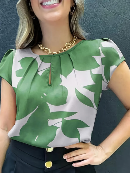 Damen Bluse mit abstraktem Muster und Falten-Detail – Elegante Sommer-Office-Mode