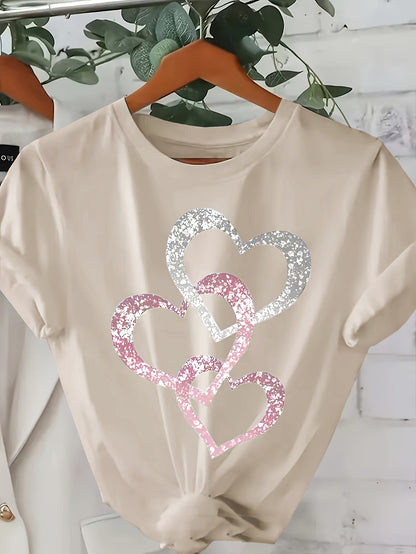 Damen T-Shirt mit Glitzer-Herz-Print – Modisches Freizeitshirt mit funkelndem Design