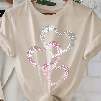 Damen T-Shirt mit Glitzer-Herz-Print – Modisches Freizeitshirt mit funkelndem Design