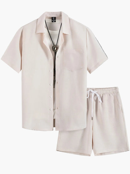 Herren Sommer Freizeit Set – Kurzarm Hemd & Shorts mit T-Shirt und Kette, Lässiger Zweiteiler für Alltag und Urlaub