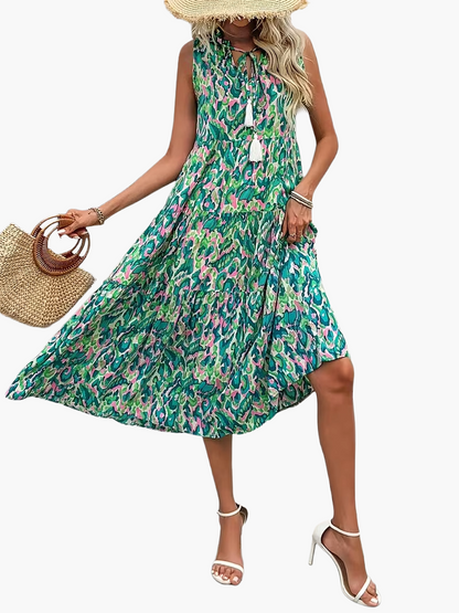 Damen Boho A-Linien Sommerkleid ärmellos – Luftiges Freizeitkleid mit Allover-Print und Quasten