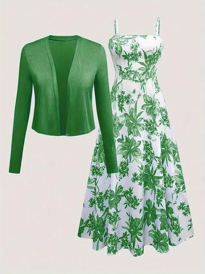 Elegantes Damen Kleid mit Blumenmuster und passendem Cardigan Set