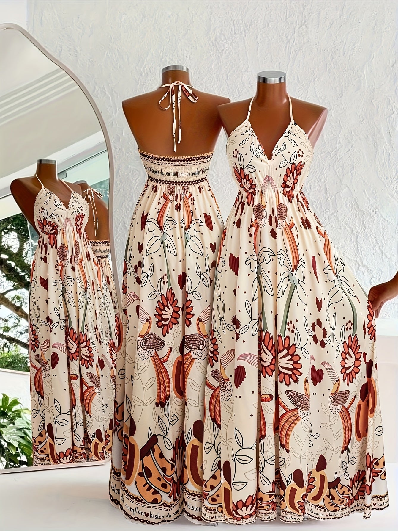 Damen Maxikleid mit Halterneck und Boho-Blumenprint – Elegantes Sommerkleid für Urlaub und Freizeit