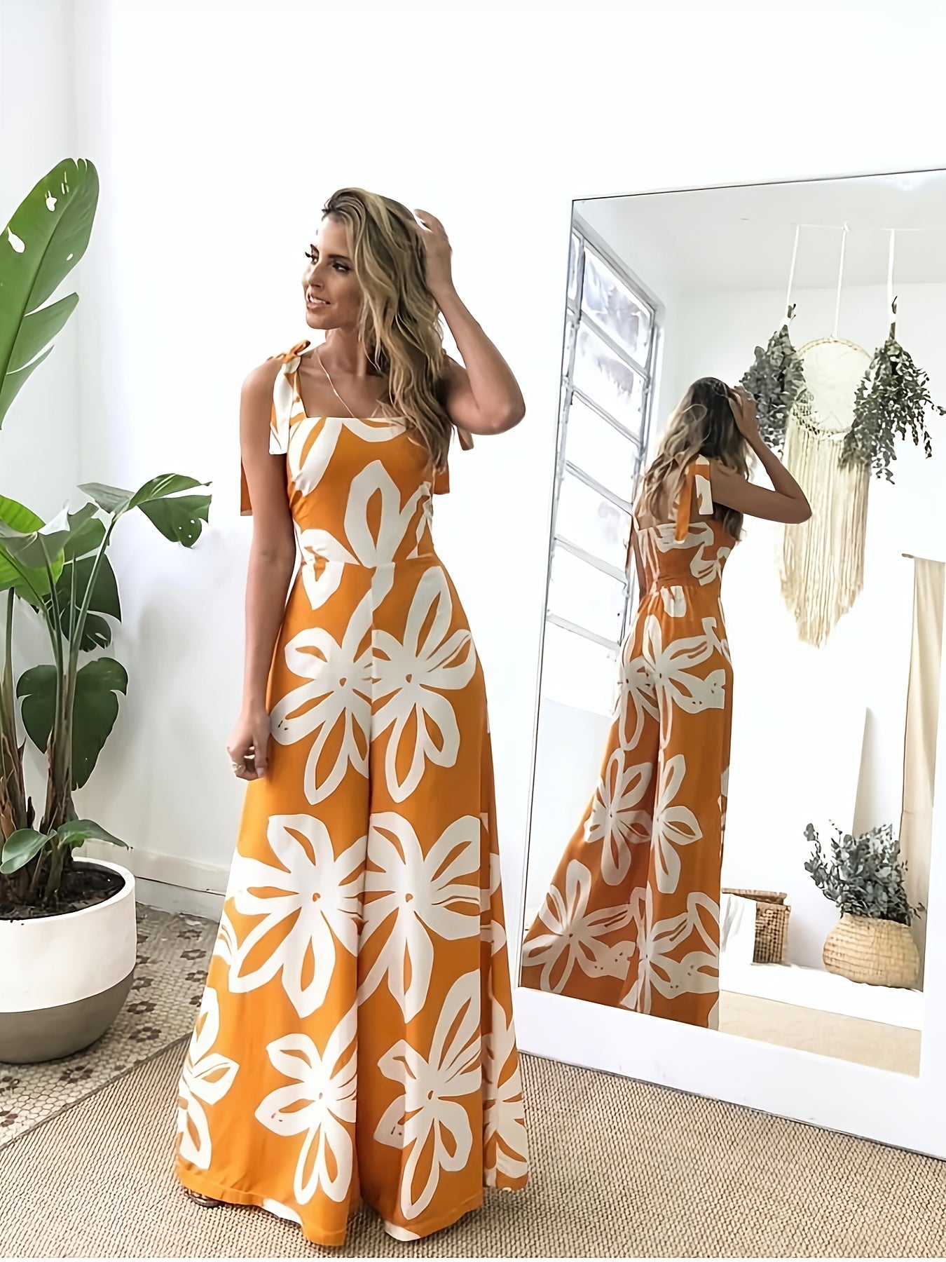 Damen Sommer Maxikleid Elegant mit Blumenmuster und Schleifen-Trägern – Perfekt für Urlaub & Gartenparty