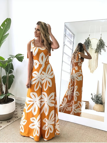 Damen Sommer Maxikleid Elegant mit Blumenmuster und Schleifen-Trägern – Perfekt für Urlaub & Gartenparty