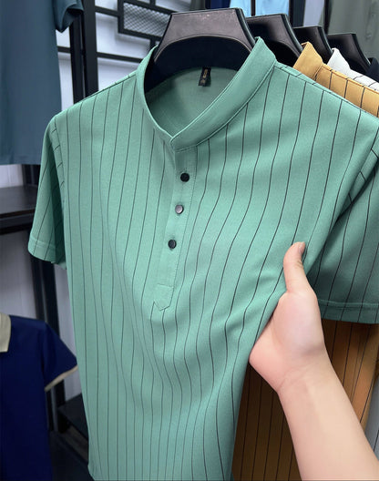 Herren Kurzarm-Hemd mit Stehkragen und Nadelstreifen – Modernes Freizeitshirt mit Knopfleiste