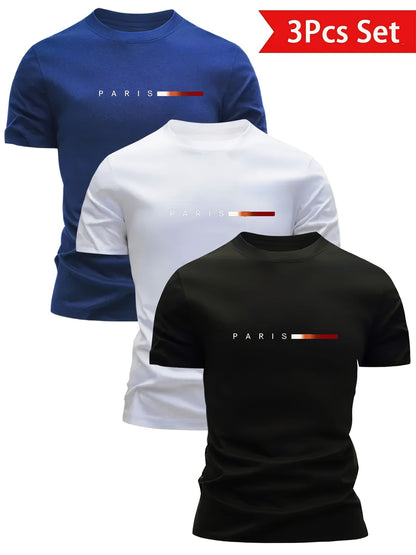 Herren T-Shirt 3er Set – Modernes Paris Print Design, Freizeit & Alltag, Rundhals