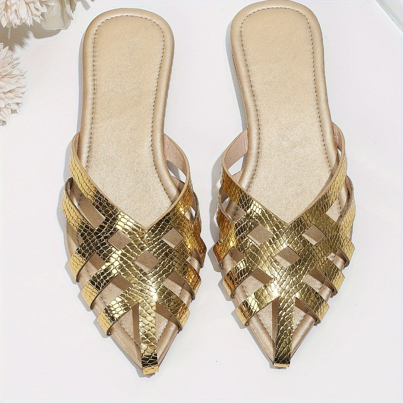 Damen Flache Mules mit Geflochtenem Design und Spitze – Elegante Slip-On Schuhe für Alltag und Ausgehen