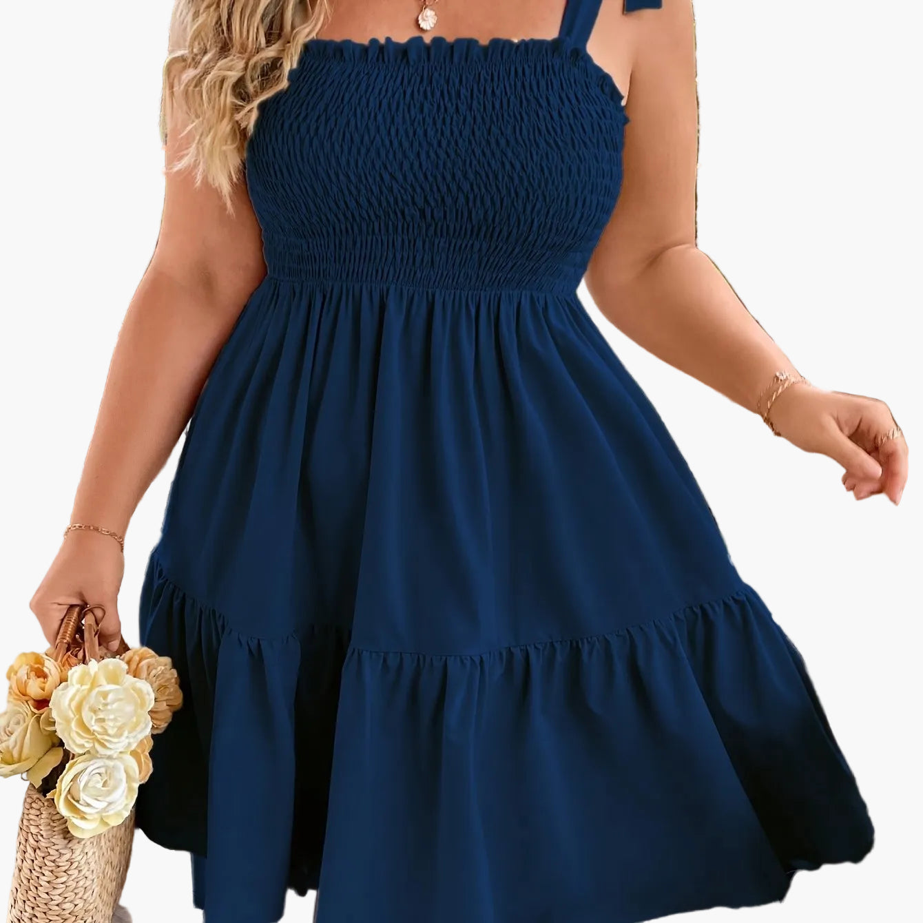 Damen Sommerkleid mit Smok-Oberteil und Schleifen-Trägern – Freizeit & Urlaub, A-Linie