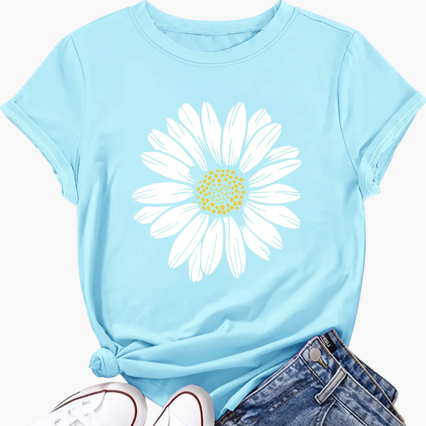 Damen T-Shirt mit großem Gänseblümchen Print – Lässiger Blumendruck, ideal für Alltag & Freizeit