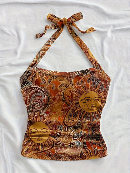 Damen Vintage Halterneck Top mit Sonne-Mond-Muster – Boho Festival Sommer Oberteil