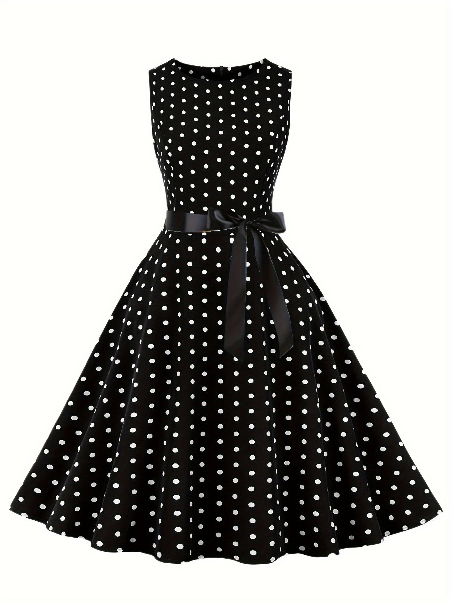 Damen Vintage Rockabilly Polka Dots Kleid mit Schleifen-Gürtel, Elegant, Ärmelos, Festlich & Alltag