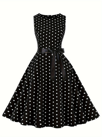 Damen Vintage Rockabilly Polka Dots Kleid mit Schleifen-Gürtel, Elegant, Ärmelos, Festlich & Alltag