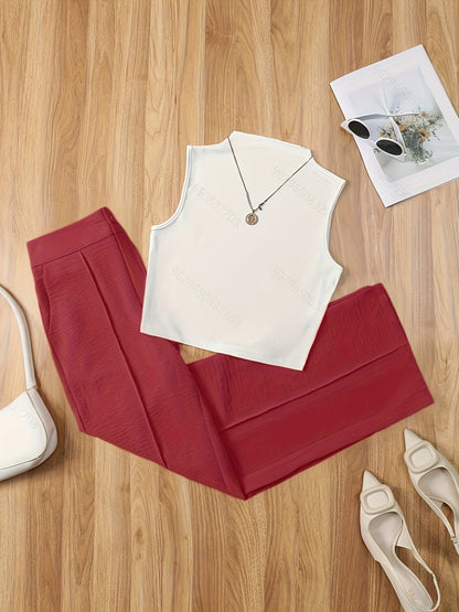 Damen Elegantes Set – Ärmelloses Oberteil mit Stehkragen und Weite Hose, Perfekt für Büro und Alltag