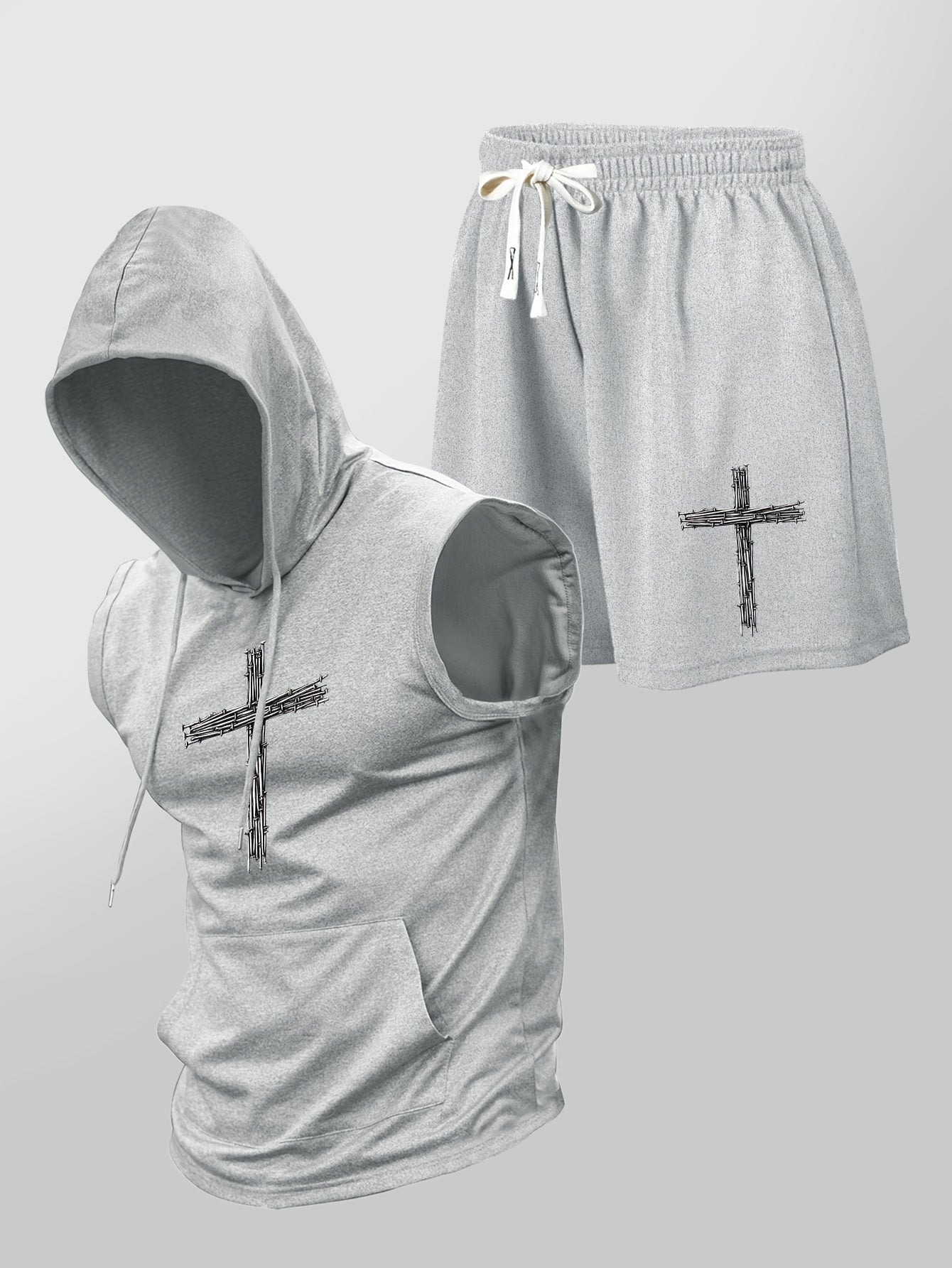 Herren Fitness Set mit Kapuzen-Ärmelloshirt und Shorts mit Kreuz-Print – Sportlicher Streetstyle Zweiteiler