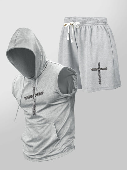 Herren Fitness Set mit Kapuzen-Ärmelloshirt und Shorts mit Kreuz-Print – Sportlicher Streetstyle Zweiteiler