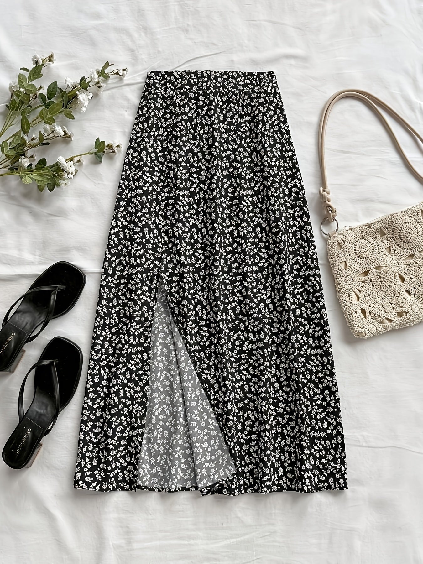 Damen Midi-Rock mit Blumenmuster und Schlitz – Eleganter Freizeitrock für Alltag & Ausgehen