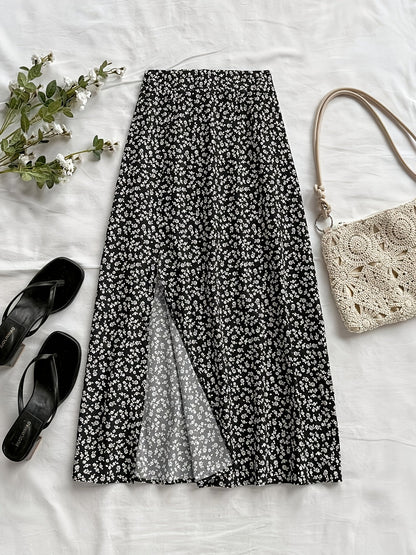 Damen Midi-Rock mit Blumenmuster und Schlitz – Eleganter Freizeitrock für Alltag & Ausgehen