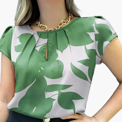 Damen Bluse mit abstraktem Muster und Falten-Detail – Elegante Sommer-Office-Mode