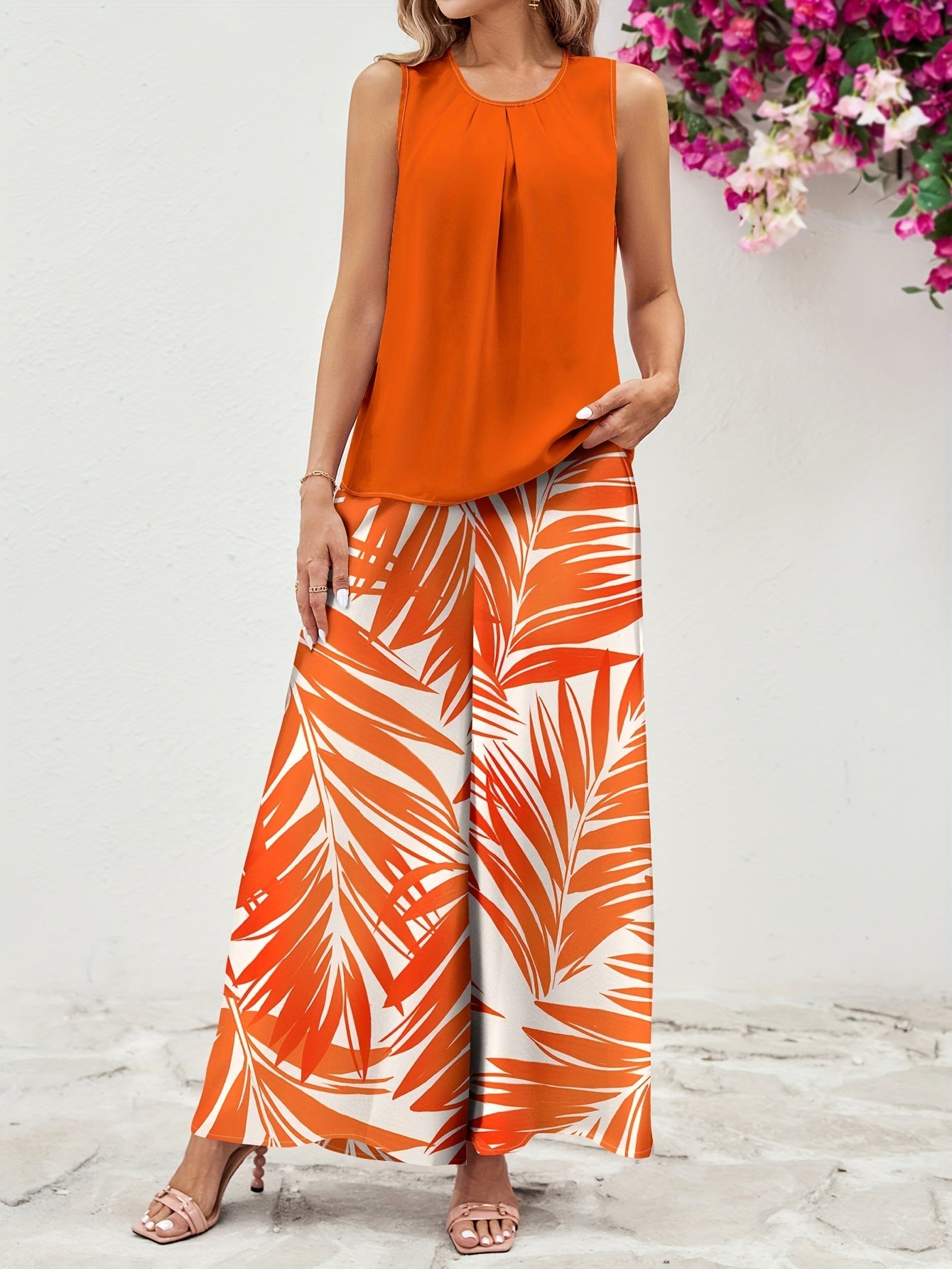 Damen Sommer Palazzo Hose Set – Elegantes Tropenmuster, Ideal für Freizeit & Urlaub
