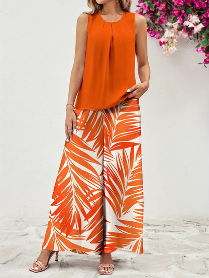 Damen Sommer Palazzo Hose Set – Elegantes Tropenmuster, Ideal für Freizeit & Urlaub