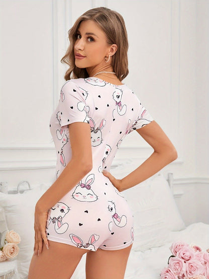 Damen Pyjama-Shorty mit Hasen-Print und Knopfleiste – Niedlicher Einteiler für Zuhause, Frühling & Sommer
