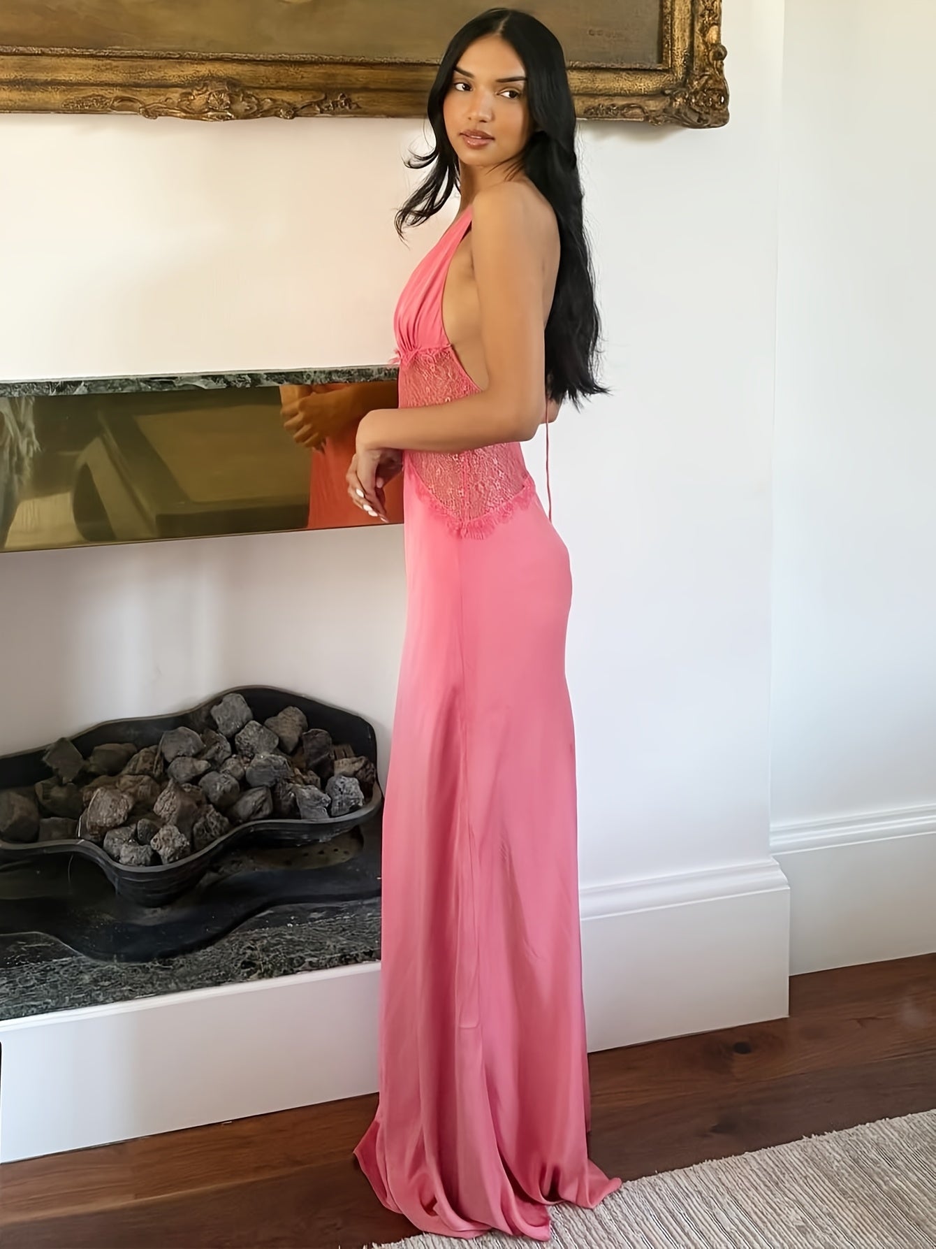 Damen Abendkleid Elegant mit Spitzen-Detail und Tiefem V-Ausschnitt – Perfekt für Besondere Anlässe