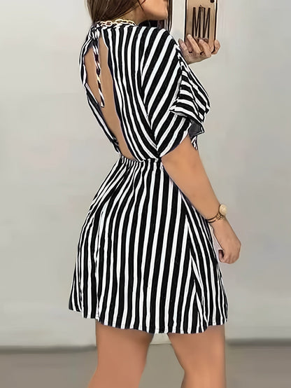 Damen Kurzarm Rückenfreies Streifen Sommer Minikleid für Freizeit und Party