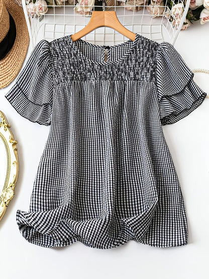 Damen Polka Dot Bluse mit Smok-Detail und Kurzarm – Eleganter Sommer-Look für Alltag & Freizeit