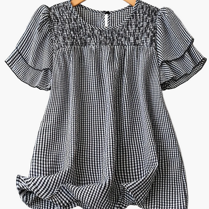 Damen Polka Dot Bluse mit Smok-Detail und Kurzarm – Eleganter Sommer-Look für Alltag & Freizeit