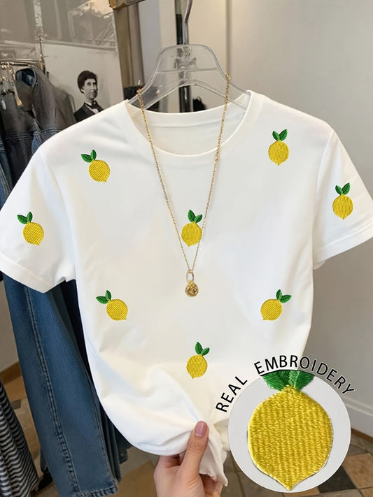 Damen T-Shirt mit Zitronen-Stickerei, Casual Sommer Oberteil, stylisch und verspielt