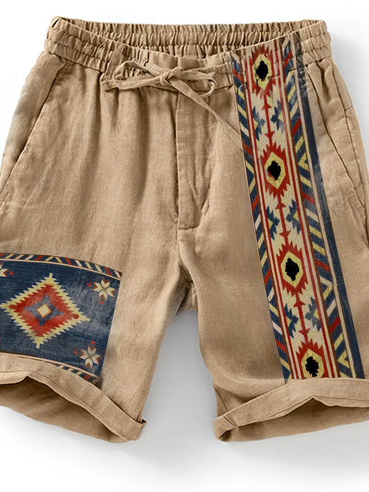 Herren Ethno-Shorts mit Aztekenmuster und Kordelzug – Modische Freizeithose für Sommer & Urlaub