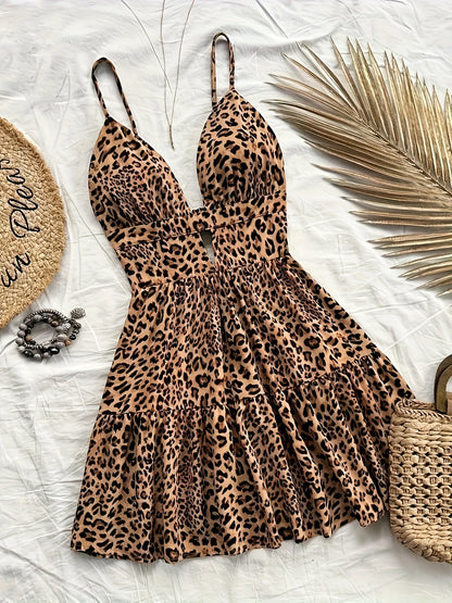 Damen Leopardenmuster Volant Minikleid mit Cut-Out und Spaghettiträgern – Trendiges Freizeitkleid für Urlaub und Sommer