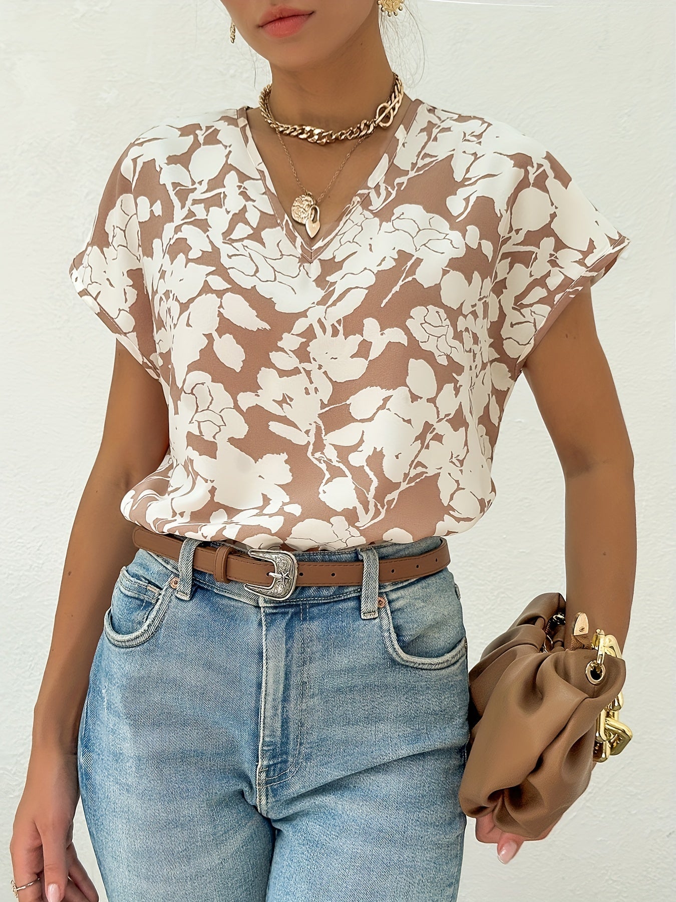Damen Elegant Blusenshirt mit Blumenmuster und V-Ausschnitt – Perfekt für Büro & Freizeit