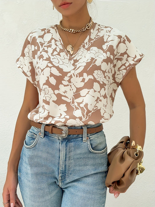 Damen Elegant Blusenshirt mit Blumenmuster und V-Ausschnitt – Perfekt für Büro & Freizeit