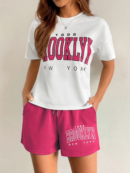 Damen Streetstyle Zweiteiler Set – Brooklyn New York Print T-Shirt und Shorts, Urban Freizeit Outfit