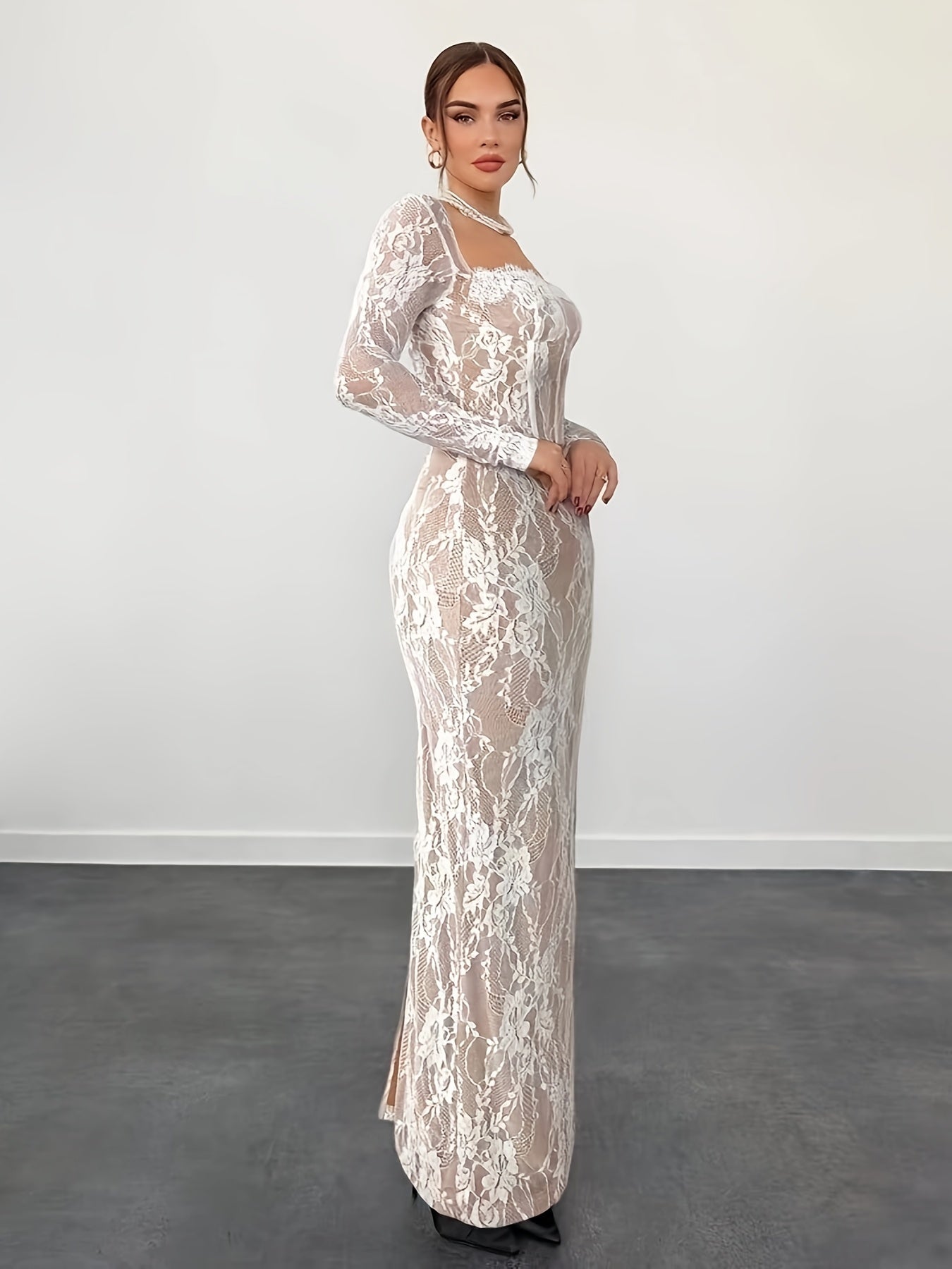 Damen Elegantes Bodycon Abendkleid mit Spitze und Langarm – Perfekt für besondere Anlässe