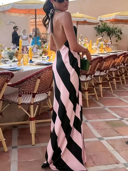 Damen Maxikleid mit Halterneck und Streifen – Elegantes Abend- und Partykleid