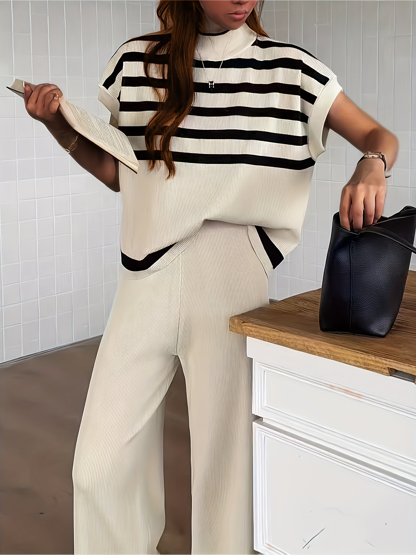 Damen Elegantes Streifen-Set mit Weitbein-Hose und Oversize-Oberteil – Moderner Business- und Freizeit-Look