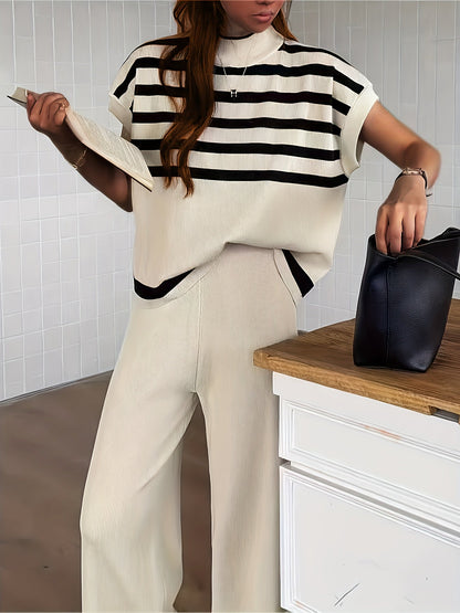 Damen Elegantes Streifen-Set mit Weitbein-Hose und Oversize-Oberteil – Moderner Business- und Freizeit-Look
