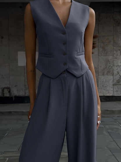 Damen Eleganter Zweiteiliger Anzug mit Weste und Weiten Hosen – Business & Freizeit