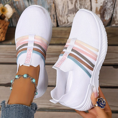 Damen Slip-On Sneakers Freizeit Bequeme Low-Top Schuhe mit Streifen-Design