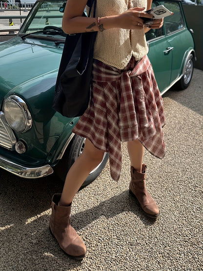 Damen Asymmetrischer Streetstyle-Rock mit Karo und Knotendetail – Urbaner Freizeitlook
