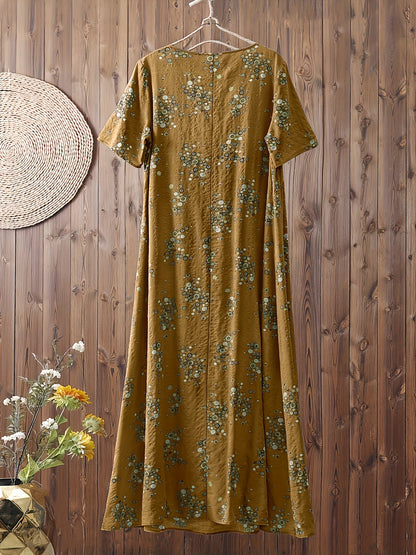 Damen Maxikleid Boho-Stil Vintage Tunika Sommerkleid mit Blumenmuster